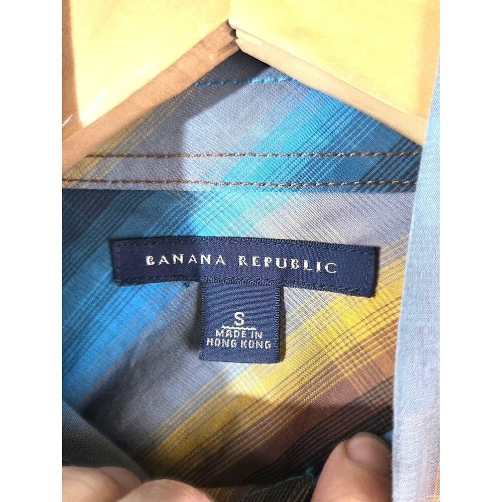Banana Republic Pearl Snap Western Plaid Shirt Men’s Small Blue Yellow Long